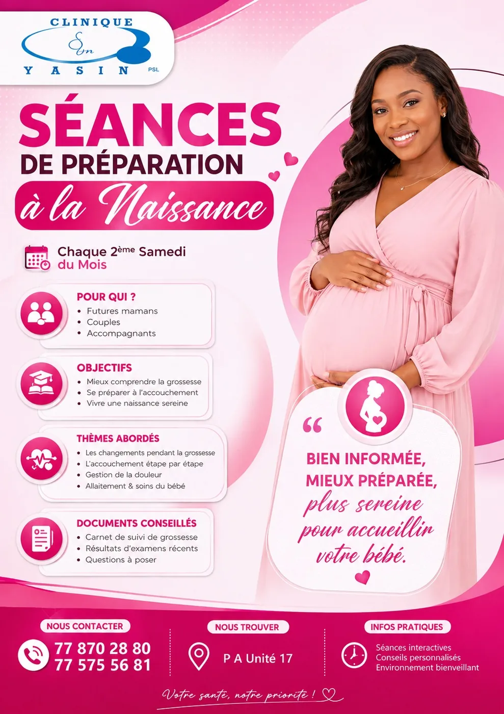 Affiche des séances de préparation à la naissance de la Clinique Ya-Sin